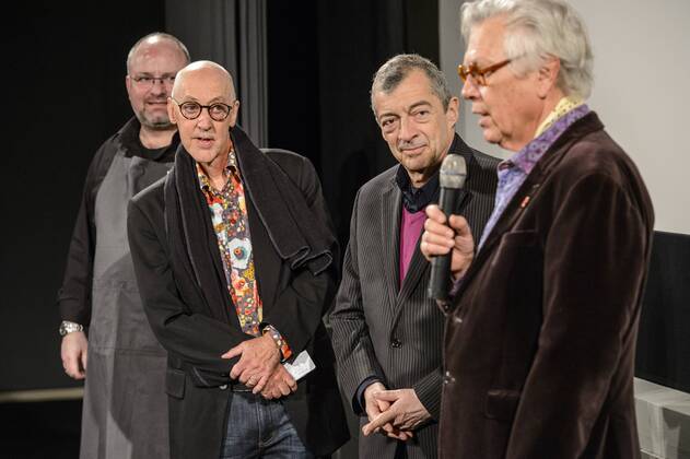 Sternekoch Christian Lohse, Regisseur Trevor Graham, der Künstler und Regisseur Philippe Mora und Sektionsleiter Thomas Struck beim Kulinarischen Kino der Berlinale am 16.02.2017