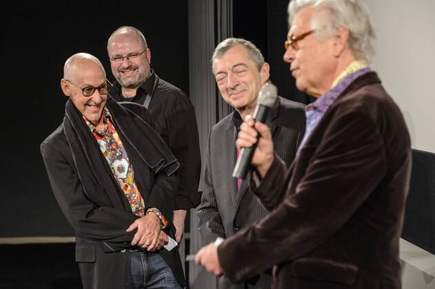 Sternekoch Christian Lohse, Regisseur Trevor Graham, der Künstler und Regisseur Philippe Mora und Sektionsleiter Thomas Struck beim Kulinarischen Kino der Berlinale am 16.02.2017