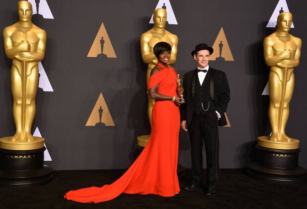 Actress Viola Davis (L), winner of the award for Actress in a Supporting Role for Fences , and presenter Mark Rylance appear backstage during the 89th annual Academy Awards at Loews Hollywood Hotel in the Hollywood section of Los Angeles on February 26, 2017.  LAP20170226923 JIMxRUYMEN
