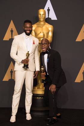 Feb 26, 2017 - Hollywood, California, U.S - BARRY JENKINS and TARELL ALVIN MCCRANEY poses backstage with the Oscar for Adapted screenplay, for work on Moonlightâ during the live ABC Telecast of The 89th Oscars at the Dolby Theatre in Hollywood, CA on Sunday, February 26, 2017. Hollywood U.S. - ZUMAz03_ 20170226_sho_z03_624 Copyright: xMikexBakerx