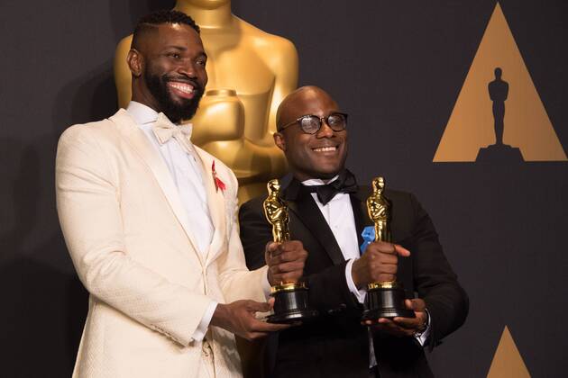 Feb 26, 2017 - Hollywood, California, U.S - BARRY JENKINS and TARELL ALVIN MCCRANEY poses backstage with the Oscar for Adapted screenplay, for work on Moonlightâ during the live ABC Telecast of The 89th Oscars at the Dolby Theatre in Hollywood. Hollywood U.S. - ZUMAz03_ 20170226_sho_z03_626 Copyright: xMikexBakerx