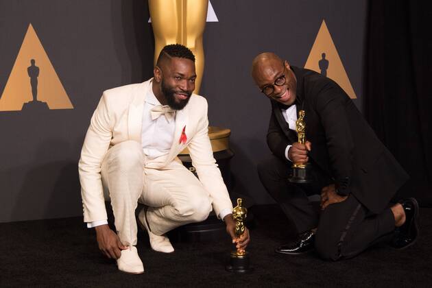 Feb 26, 2017 - Hollywood, California, U.S - BARRY JENKINS and TARELL ALVIN MCCRANEY poses backstage with the Oscar for Adapted screenplay, for work on Moonlightâ during the live ABC Telecast of The 89th Oscars at the Dolby Theatre in Hollywood, CA on Sunday, February 26, 2017. Hollywood U.S. - ZUMAz03_ 20170226_sho_z03_625 Copyright: xMikexBakerx