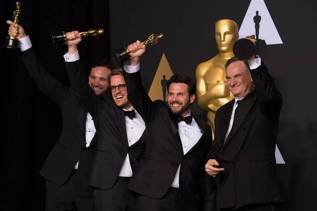 Feb 26, 2017 - Hollywood, California, U.S - Dan Lemmon, Andrew R. Jones, Adam Valdez and Robert Legato pose backstage with the Oscar for Achievement in visual effects, for work on The Jungle Bookâ during the live ABC Telecast of The 89th Oscars at the Dolby Theatre in Hollywood, CA on Sunday, February 26, 2017. Hollywood U.S. - ZUMAz03_ 20170226_sho_z03_599 Copyright: xMikexBakerx