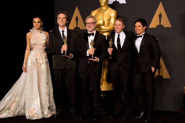 Feb 26, 2017 - Hollywood, California, U.S - Oscar Winners, Byron Howard, Rich Moore and Clark Spencer, pose backstage with Hailee Steinfeld and Gael Garcia Bernal the Oscar for Best animated feature film of the year for outstanding work on the Zootopiaâ during the live ABC Telecast of The 89th Oscars at the Dolby Theatre in Hollywood, CA on Sunday, February 26, 2017. Hollywood U.S. - ZUMAz03_ 20170226_sho_z03_588 Copyright: xMikexBakerx