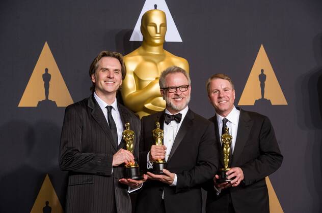 (L-R) Co-directors Byron Howard and Rich Moore and producer Clark Spencer, winners of Best Animated Feature Film Zootopia , pose at press room of the 89th Academy Awards at the Dolby Theater in Los Angeles, the United States, on Feb. 26, 2017. ) (zjy) U.S.-LOS ANGELES-OSCAR-AWARD YangxLei 