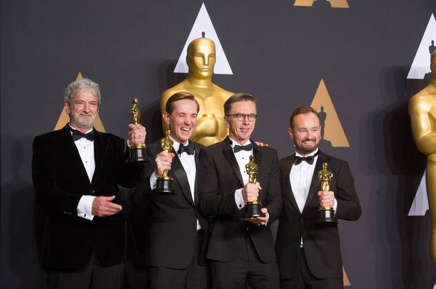 (L-R) Sound mixers Peter Grace, Robert Mackenzie, Kevin O Connell and Andy Wright pose after winning the Best Sound Mixing award for Hacksaw Ridge at press room of the 89th Academy Awards at the Dolby Theater in Los Angeles, the United States, on Feb. 26, 2017. )(zf) U.S.-LOS ANGELES-OSCAR-AWARD YangxLei 
