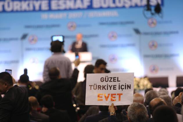 Turkish President Recep Tayyip Erdogan meets with the members of Chamber of Merchants and Craftsmen at Bagcilar city of Istanbul, 19th of March, 2017.  15651927