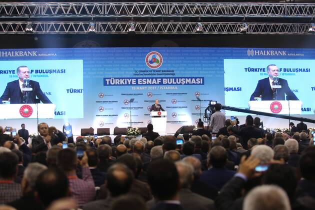 Turkish President Recep Tayyip Erdogan meets with the members of Chamber of Merchants and Craftsmen at Bagcilar city of Istanbul, 19th of March, 2017.  15651932