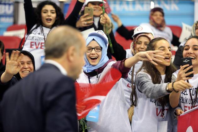 Turkish President Recep Tayyip Erdogan meets with the members of Chamber of Merchants and Craftsmen at Bagcilar city of Istanbul, 19th of March, 2017.  15651943