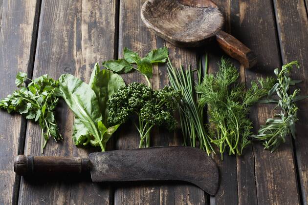 Ingredients of Frankfurt green sauce, old cleaver and wooden spoon  CSF28188
