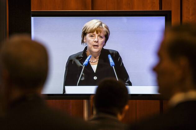 Bundeskanzlerin Angela Merkel, CDU, spricht auf dem Wirtschaftstag der Union. Auf einem Monitor wird ihre Rede im Vorraum des Sitzungssaals uebertragen. Berlin, 03.07.2014. Berlin Deutschland Copyright: xThomasxTrutschelx