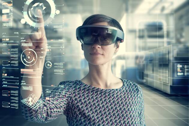 Woman wearing mixed reality smartglasses touching transparent screen model released Symbolfoto property released  RBF05665