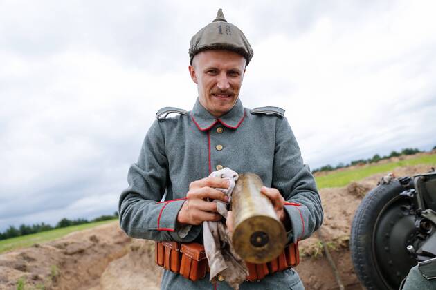 KALININGRAD REGION, RUSSIA - AUGUST 19, 2017: A participant in a historical reenactment of the 1914 Battle of Gumbinnen between the Russian and the German Armies on the Eastern Front of World War I. The battle reenactment is performed as part of the Battle of Gumbinnen military and historical festival near the village of Lermontovo. Vitaly Nevar TASS  TS05BFE9