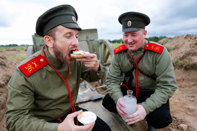 KALININGRAD REGION, RUSSIA - AUGUST 19, 2017: Participants in a historical reenactment of the 1914 Battle of Gumbinnen between the Russian and the German Armies on the Eastern Front of World War I. The battle reenactment is performed as part of the Battle of Gumbinnen military and historical festival near the village of Lermontovo. Vitaly Nevar TASS  TS05BFEA
