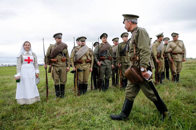 KALININGRAD REGION, RUSSIA - AUGUST 19, 2017: Participants in a historical reenactment of the 1914 Battle of Gumbinnen between the Russian and the German Armies on the Eastern Front of World War I. The battle reenactment is performed as part of the Battle of Gumbinnen military and historical festival near the village of Lermontovo. Vitaly Nevar TASS  TS05BFF2