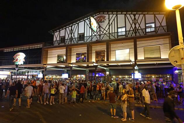 06 09 2017 Spain Island Mallorca at Tourists Hotspot Ballermann in El Arenal is the Vergnügungsmeile Ham road with the Cult Local Beer King 06 09 2017 Mallorca Barriers to Terror at Ballermann 06 09 2017 Mallorca Barriers to Terror at Ballermann