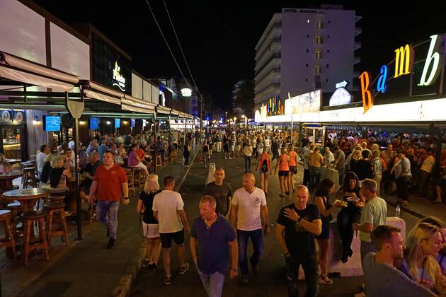06 09 2017 Spain Island Mallorca at Tourists Hotspot Ballermann in El Arenal is the Vergnügungsmeile Ham road with the Cult Local Beer King 06 09 2017 Mallorca Barriers to Terror at Ballermann 06 09 2017 Mallorca Barriers to Terror at Ballermann
