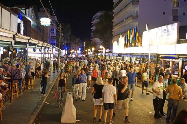 06 09 2017 Spain Island Mallorca at Tourists Hotspot Ballermann in El Arenal is the Vergnügungsmeile Ham road with the Cult Local Beer King 06 09 2017 Mallorca Barriers to Terror at Ballermann 06 09 2017 Mallorca Barriers to Terror at Ballermann