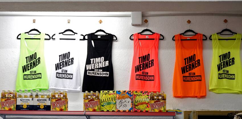 06 09 2017 Spain Island Mallorca at Tourists Hotspot Ballermann in El Arenal is the Vergnügungsmeile Ham road in a Street market gives it T Shirts to Purchase with the Slogan Timo Werner is a This is the Football Timo Werner from RB Leipzig meant 06 09 2017 Mallorca 06 09 2017 Mallorca