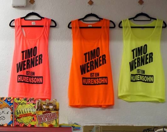 06 09 2017 Spain Island Mallorca at Tourists Hotspot Ballermann in El Arenal is the Vergnügungsmeile Ham road in a Street market gives it T Shirts to Purchase with the Slogan Timo Werner is a This is the Football Timo Werner from RB Leipzig meant 06 09 2017 Mallorca 06 09 2017 Mallorca