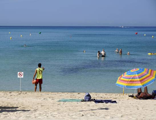 06 09 2017 Spain Island Mallorca at Tourists Hotspot Ballermann in El Arenal provides a Lifeguards for Order and Security at Sand beach here distributes he Bathers out the Sperrbereich in Water 06 09 2017 Mallorca 06 09 2017 Mallorca