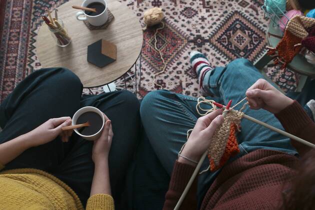 Young couple knitting and having cup of coffee in living room, top view model released Symbolfoto property released  RTBF01010