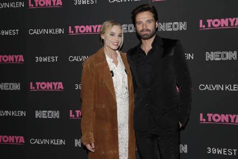 Margot Robbie and Sebastian Stan arrive on the red carpet at the I, Tonya New York Premiere at Village East Cinema on November 28, 2017 in New York City.  NYP20171128109 JOHNxANGELILLO