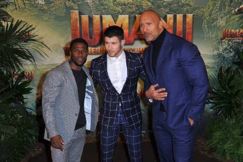 Kevin Hart, Nick Jonas and Dwayne Johnson attend Jumanji movie premiere at Le Grand Rex in Paris, France, on December 05, 2017. Photo by Favier E-PRESSPHOTO.COM Paris France  564599