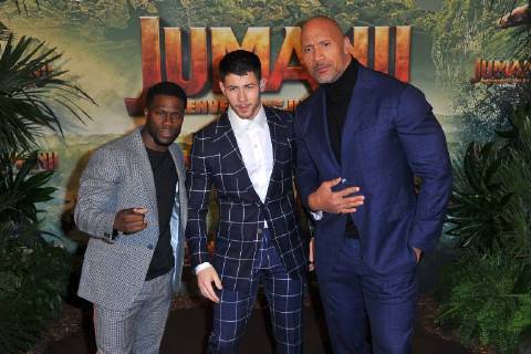Kevin Hart, Nick Jonas and Dwayne Johnson attend Jumanji movie premiere at Le Grand Rex in Paris, France, on December 05, 2017. Photo by Favier E-PRESSPHOTO.COM Paris France  564599