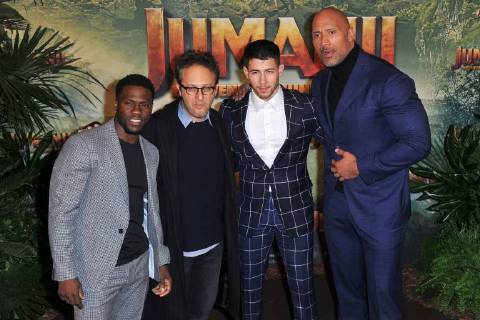 Kevin Hart, Jake Kasdan, Nick Jonas and Dwayne Johnson attend Jumanji movie premiere at Le Grand Rex in Paris, France, on December 05, 2017. Photo by Favier E-PRESSPHOTO.COM Paris France  564599