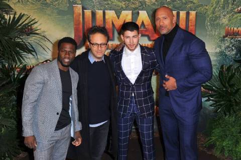 Kevin Hart, Jake Kasdan, Nick Jonas and Dwayne Johnson attend Jumanji movie premiere at Le Grand Rex in Paris, France, on December 05, 2017. Photo by Favier E-PRESSPHOTO.COM Paris France  564599