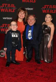 LOS ANGELES, CA - DECEMBER 9: Warwick Davis, Samantha Davis, Lloyd Davis, Annabelle Davis, at Premiere Of Disney Pictures And Lucasfilm s Star Wars: The Last Jedi at Shrine Auditorium in Los Angeles, California on December 9, 2017. Copyright: xFayexSadoux
