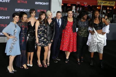 WESTWOOD, CA - DECEMBER 13: Rebekka Johnson, Kia Stevens, Brit Baron, Jackie Tohn, Kimmy Gatewood, Ted Sarandos, Britney Young, at Premiere Of Netflix s Bright at The Regency Village Theatre, In Hollywood, California on December 13, 2017. Copyright: xFayexSadoux