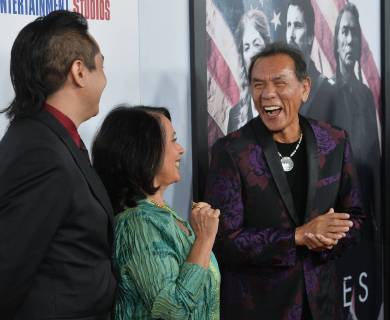 Cast member Wes Studi (R) and his wife Maura Dhu Studi and son Kholan Studi attend the premiere of the motion picture western Hostiles at the Academy of Motion Picture Arts & Sciences in Beverly Hills, California on December 14, 2017. Storyline: In 1892, a legendary Army captain reluctantly agrees to escort a Cheyenne chief and his family through dangerous territory.  LAP2017121421 JIMxRUYMEN
