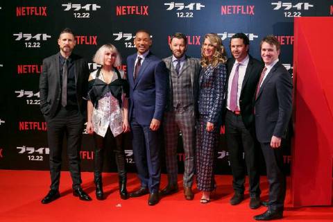 (L to R) Director David Ayer, actress Noomi Rapace, Will Smith and Joel Edgerton, pose for the cameras during the Japan premiere for the movie Bright on December 19, 2017, Tokyo, Japan. The casts received a warm welcome from the Japanese fans at the event. The film will be released globally on Netflix on December 22.  (gxta_brightjp014)