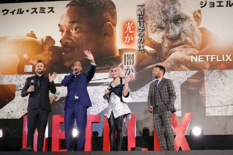 (L to R) Director David Ayer, Will Smith, actress Noomi Rapace and Joel Edgerton, greet fans during the Japan premiere for the movie Bright on December 19, 2017, Tokyo, Japan. The casts received a warm welcome from the Japanese fans at the event. The film will be released globally on Netflix on December 22. (gxta_brightjp015)