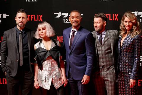 (L to R) Director David Ayer, actress Noomi Rapace, Will Smith, Joel Edgerton and actress Dawn Olivieri pose for the cameras during the Japan premiere for the movie Bright on December 19, 2017, Tokyo, Japan. The casts received a warm welcome from the Japanese fans at the event. The film will be released globally on Netflix on December 22.  (gxta_brightjp016)