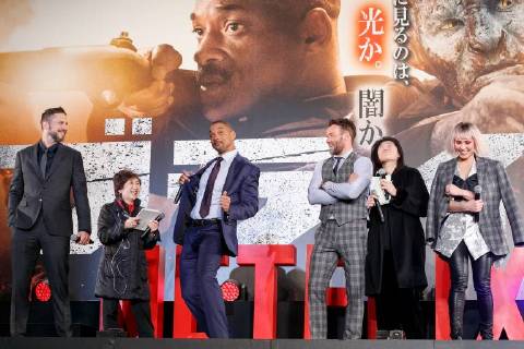 (L to R) Director David Ayer, Will Smith, Joel Edgerton and actress Noomi Rapace, attend the Japan premiere for the movie Bright on December 19, 2017, Tokyo, Japan. The casts received a warm welcome from the Japanese fans at the event. The film will be released globally on Netflix on December 22. (gxta_brightjp027)