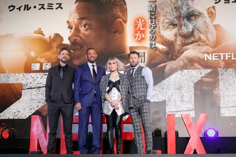 (L to R) Director David Ayer, Will Smith, actress Noomi Rapace and Joel Edgerton, pose for the cameras during the Japan premiere for the movie Bright on December 19, 2017, Tokyo, Japan. The casts received a warm welcome from the Japanese fans at the event. The film will be released globally on Netflix on December 22. (gxta_brightjp029)