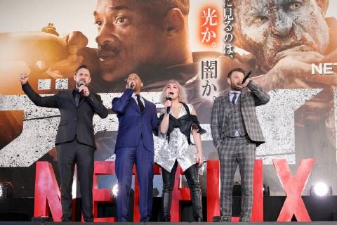 (L to R) Director David Ayer, Will Smith, actress Noomi Rapace and Joel Edgerton, greet fans during the Japan premiere for the movie Bright on December 19, 2017, Tokyo, Japan. The casts received a warm welcome from the Japanese fans at the event. The film will be released globally on Netflix on December 22. (gxta_brightjp030)
