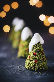 Chocolate cake, christmas tree shaped, decorated with pistachio and icing  HESF00002
