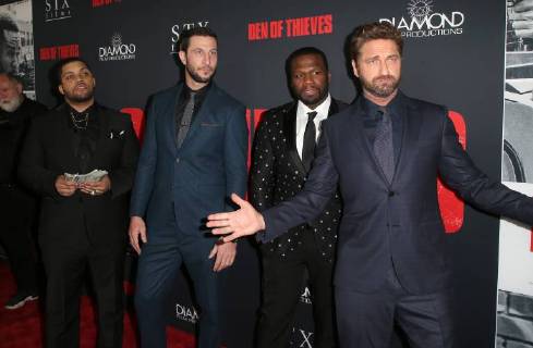 LOS ANGELES, CA - JANUARY 17: Oshea Jackson Jr, Gerard Butler, Pablo Schreiber, Curtis Jackson, at the premiere of Den Of Thieves at Regal Theaters at LA Live in Los Angeles, California on January 17, 2018. Copyright: xFayexSadoux