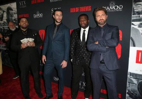 LOS ANGELES, CA - JANUARY 17: Oshea Jackson Jr, Gerard Butler, Pablo Schreiber, Curtis Jackson, at the premiere of Den Of Thieves at Regal Theaters at LA Live in Los Angeles, California on January 17, 2018. Copyright: xFayexSadoux