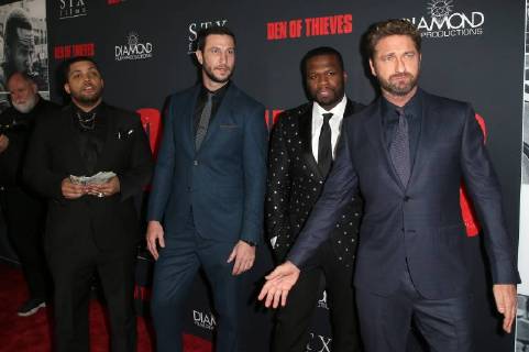LOS ANGELES, CA - JANUARY 17: Oshea Jackson Jr, Gerard Butler, Pablo Schreiber, Curtis Jackson, at the premiere of Den Of Thieves at Regal Theaters at LA Live in Los Angeles, California on January 17, 2018. Copyright: xFayexSadoux