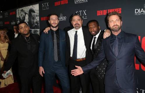 LOS ANGELES, CA - JANUARY 17: Oshea Jackson Jr, Gerard Butler, Pablo Schreiber, Curtis Jackson, Christian Gudegast, at the premiere of Den Of Thieves at Regal Theaters at LA Live in Los Angeles, California on January 17, 2018. Copyright: xFayexSadoux