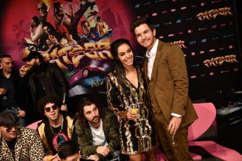 director Bilal Fallah, director Adil El Arbi, actor Said Boumazoughe, actress Nora Gharib and actor Matteo Simoni pictured during the premiere of the Belgian film Patser, with the actors at the Kinepolis Antwerp, Monday 22 January 2018.  YORICKxJANSENS 05281357