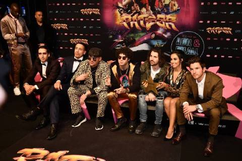 actor Said Boumazoughe, actor Junes Lazaar, director Bilal Fallah, director Adil El Arbi, DJ Like Mike, actress Nora Gharib and actor Matteo Simoni pictured during the premiere of the Belgian film Patser, with the actors at the Kinepolis Antwerp, Monday 22 January 2018.  YORICKxJANSENS 05281362