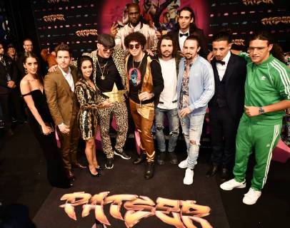 actor Matteo Simoni, actress Nora Gharib, director Bilal Fallah, director Adil El Arbi, DJ Like Mike and DJ Dimitri Vegas, actor Junes Lazaar, actor Said Boumazoughe and Dutch rapper Ali B pictured during the premiere of the Belgian film Patser, with the actors at the Kinepolis Antwerp, Monday 22 January 2018.  YORICKxJANSENS 05281360