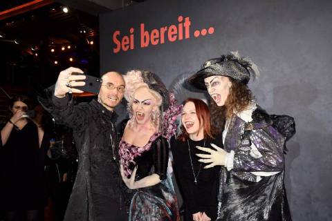 Forensiker Mark Benecke his wife Ines Fischer and the actors in costume Elise Doorn l and Albert Jan Kinemar r come on 17 02 2018 in Cologne for the premiere of the musical dance of the vampires in the musical dome