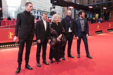 Anthony Bajon Damien Chapelle and Alex Brendemühl Sau player Hanna Schygulla and Director Daniel Kahn with during the premiere of the film LA PRIÈRE THE PRAYER on the occasion of the 68 International Film Festival Berlin 68 Berlin International Film Festival